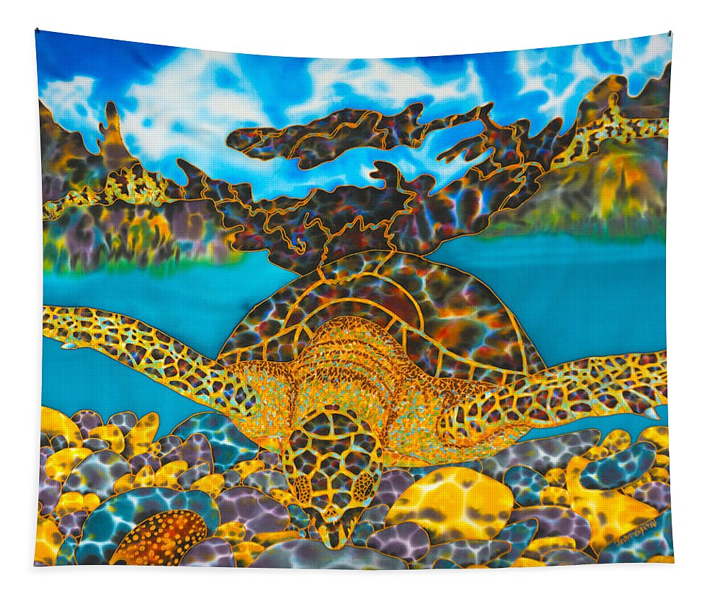 Sea Turtle Tapestry featuring the painting Sea Turtle and Atlantic Cowrie Shell by Daniel Jean-Baptiste