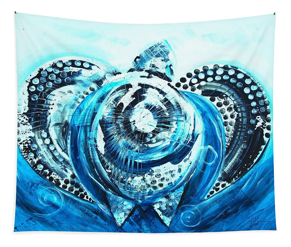 Sea Tapestry featuring the painting Sea Turtle in Blue by J Vincent Scarpace