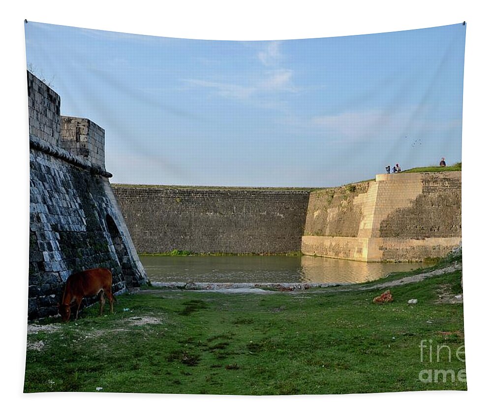Fort Tapestry featuring the photograph Sections of wall and moat with water at Jaffna Fort Sri Lanka by Imran Ahmed