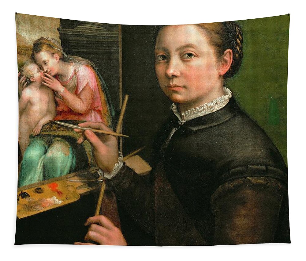 Anguissola Tapestry featuring the painting Self-portrait, painting the Madonna, 1556 Canvas, 66 x 57 cm. by Sofonisba Anguissola -c 1532-1625-