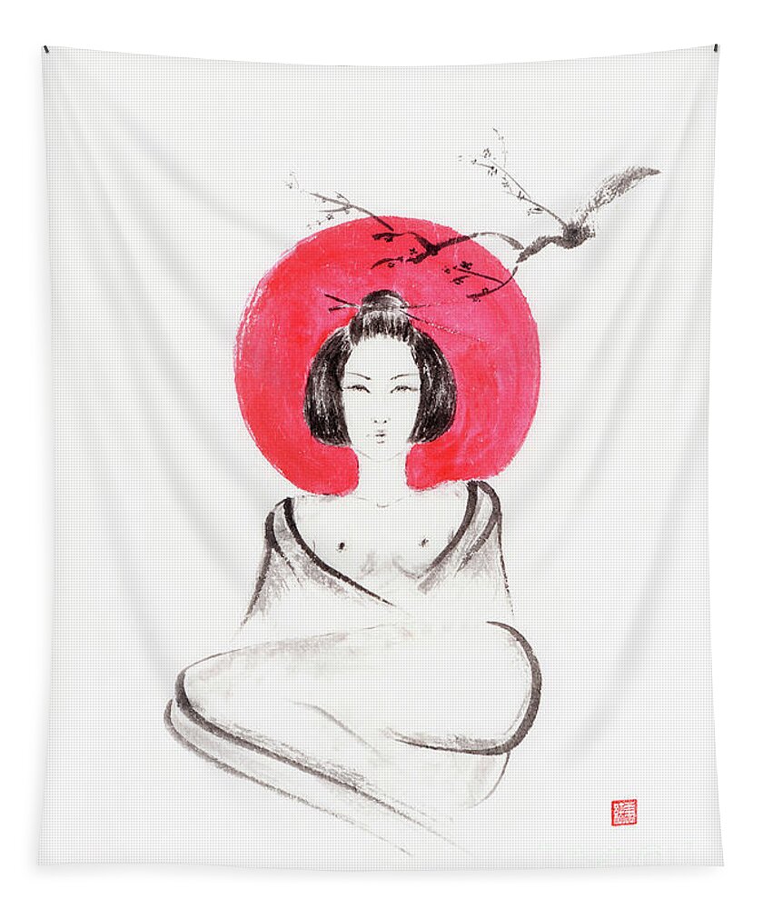 851px x 1000px - Sensual Half-naked Geisha Lying Under Sakura And Red Rising Sun Tapestry