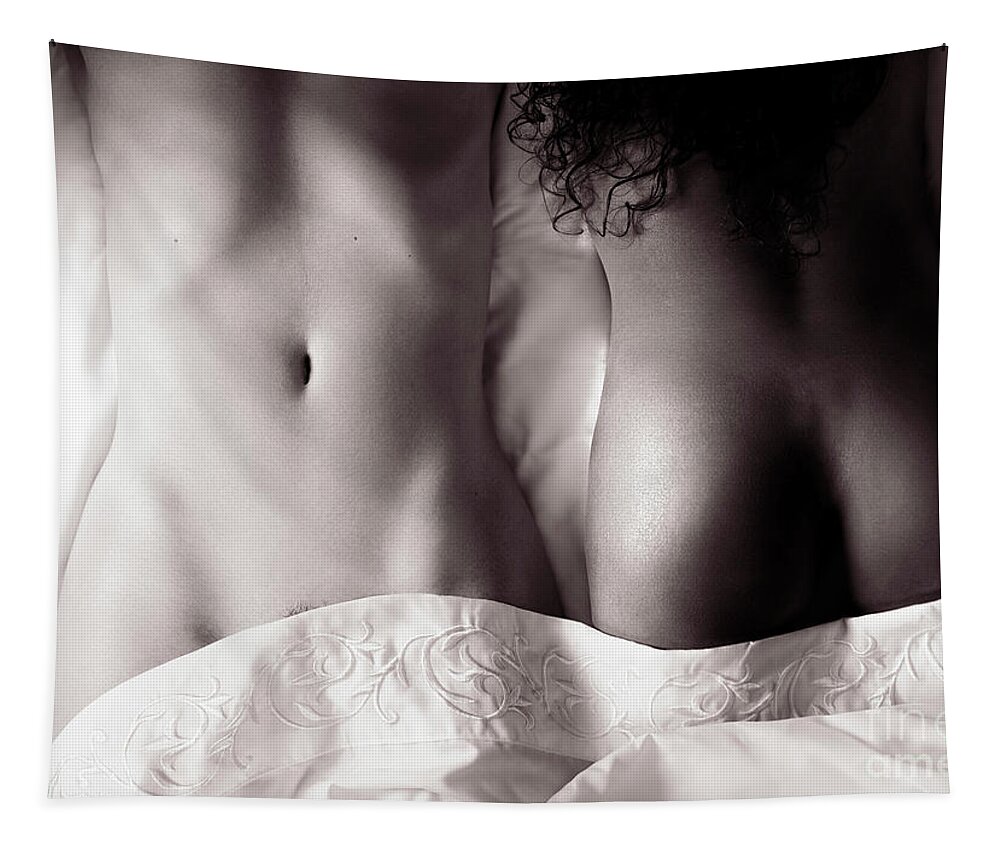 Sexy interracial lesbian couple lying together in bed sensual bl Tapestry  by Maxim Images Exquisite Prints - Fine Art America