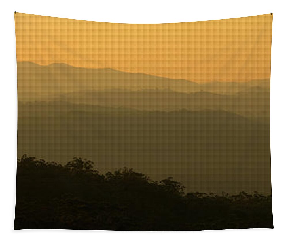 Landscape Tapestry featuring the photograph Shapes of hills at sunset by Nicolas Lombard