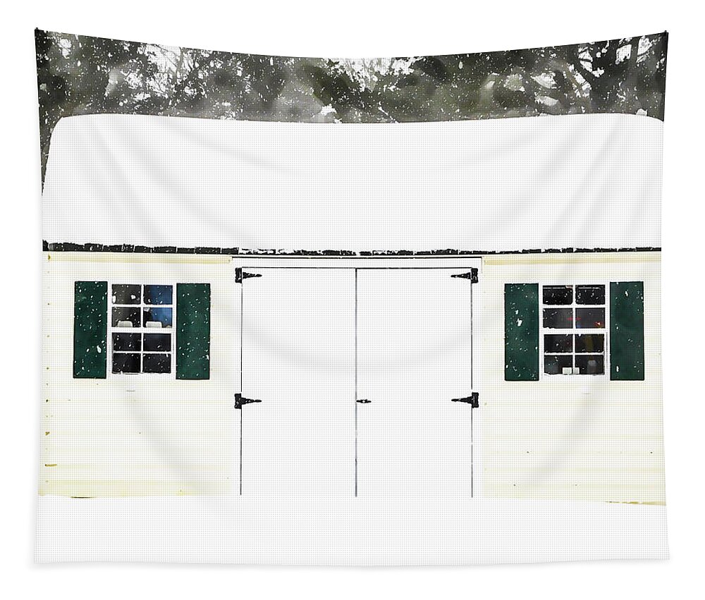 Savers Tapestry featuring the painting Shed covered by heavy snow 1 by Jeelan Clark