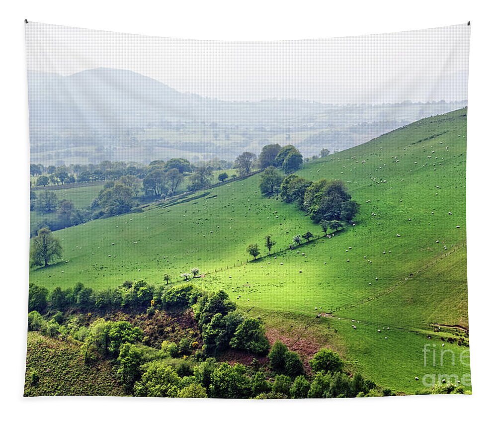 Tywi Valley Tapestry featuring the photograph sheep green foggy Welsh rolling hillside farmland pasture hills valley sun landscape trees fences by Robert C Paulson Jr
