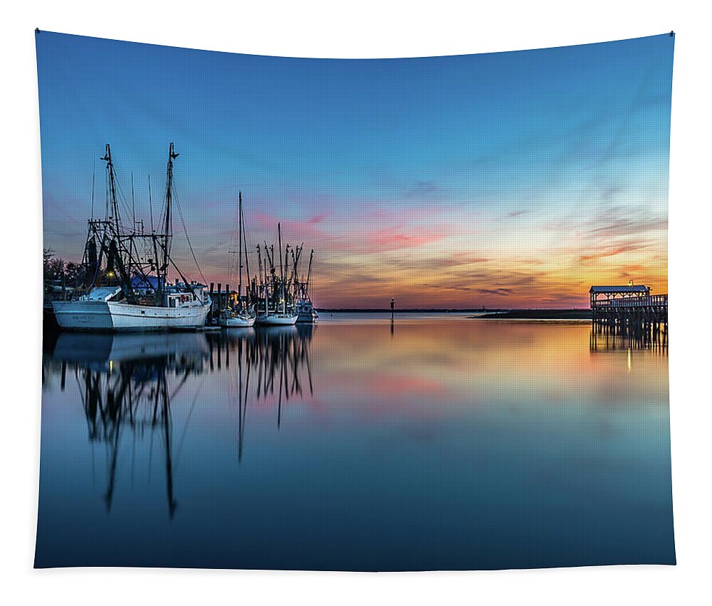Mt. Pleasant Tapestry featuring the photograph Shem Creek Blue Hour, Mt. Pleasant SC by Donnie Whitaker