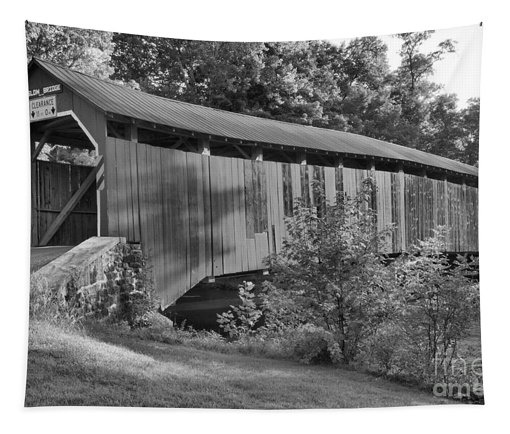 Enslow Tapestry featuring the photograph Sherman Creek Enslow Covered Bridge Black And White by Adam Jewell