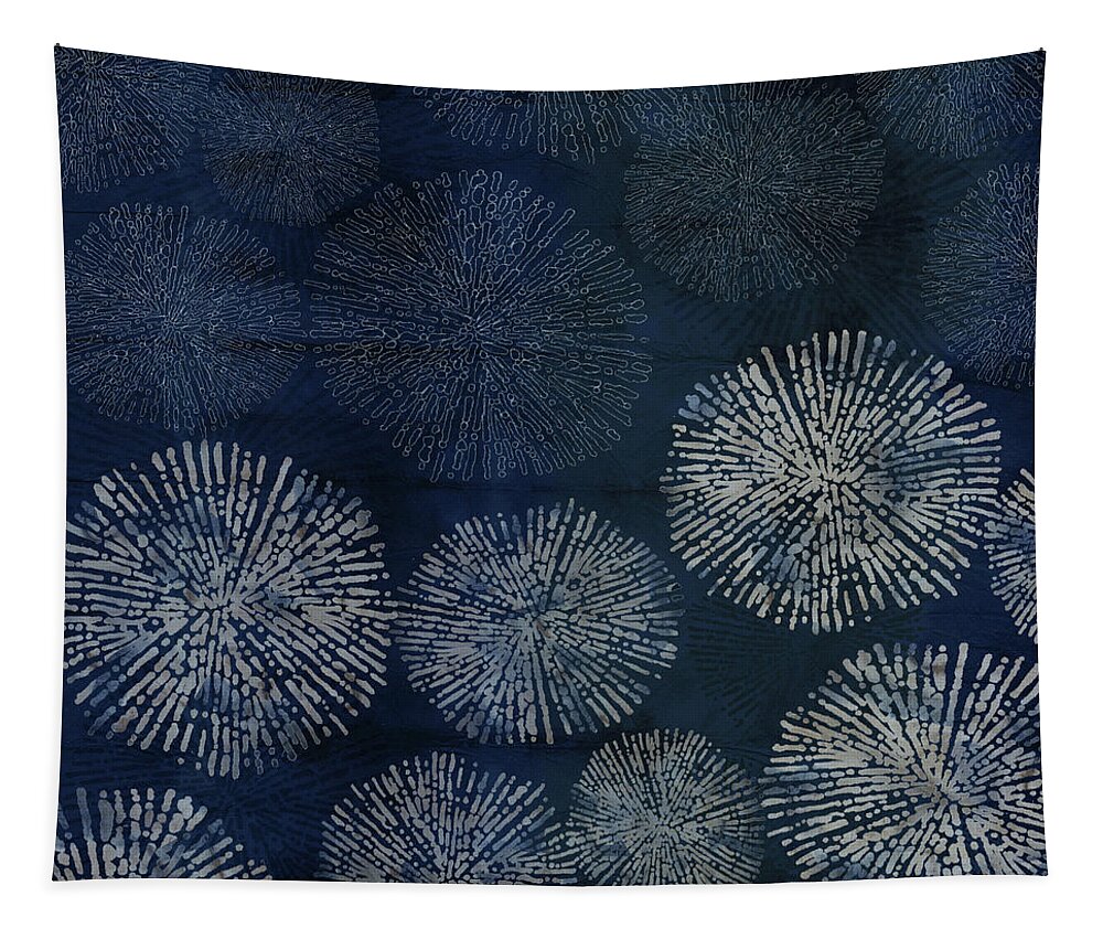 Japan Tapestry featuring the digital art Shibori Sea Urchin Burst Pattern Dark Denim by Sand And Chi