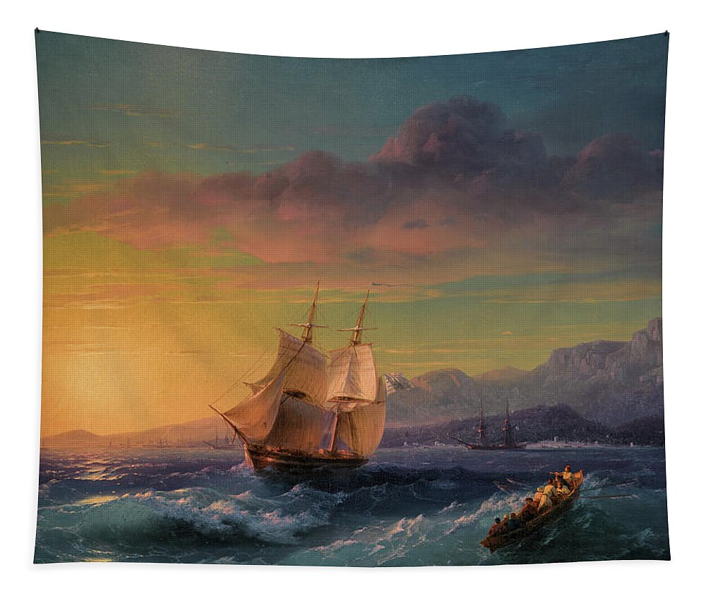 Ivan Konstantinovich Aivazovsky Tapestry featuring the painting Ship at Sunset off Cap Martin by Ivan Konstantinovich Aivazovsky