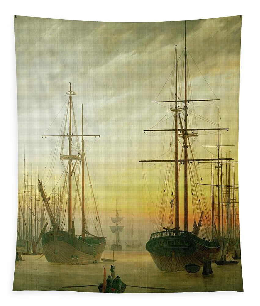 Caspar David Friedrich Tapestry featuring the painting Ships in the harbour. Oil on canvas. by Caspar David Friedrich -1774-1840-