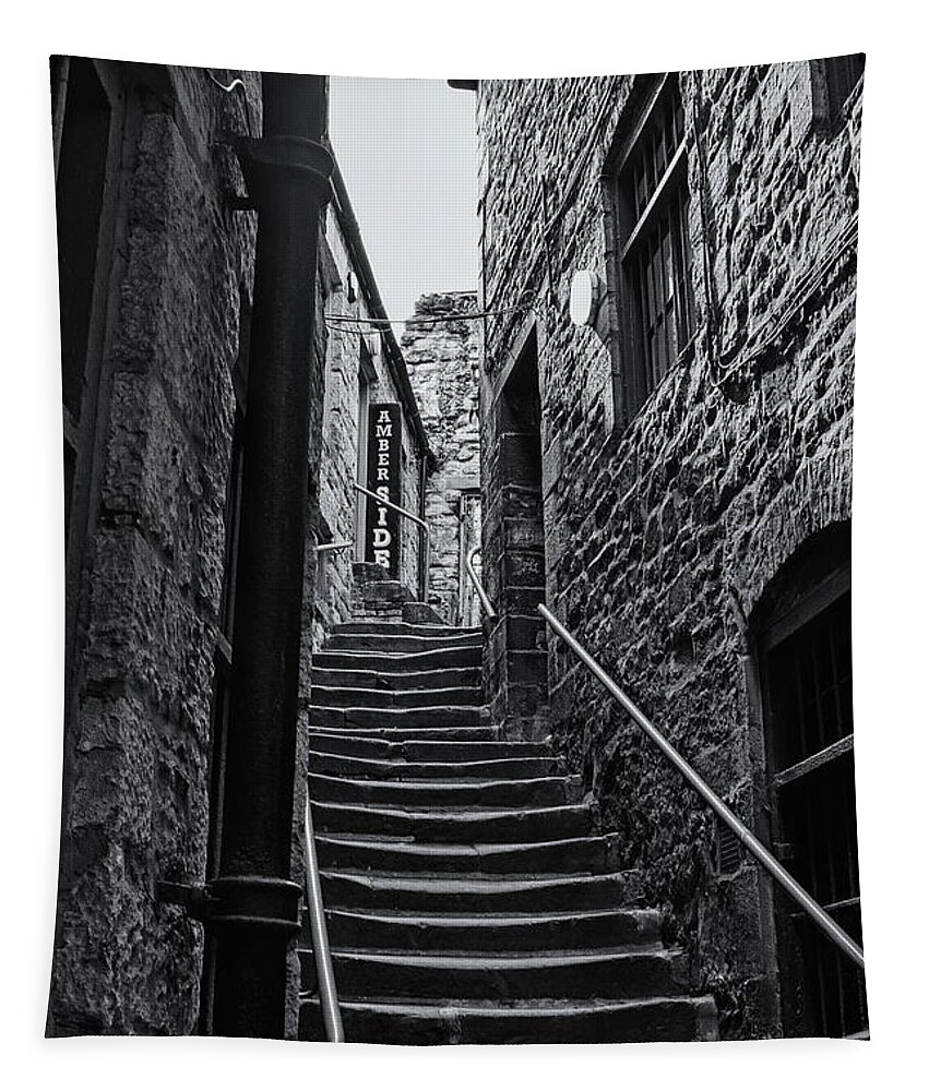 Side Street Tapestry featuring the photograph Side Street Steps Monochrome by Jeff Townsend