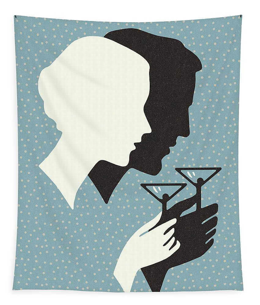 Adult Tapestry featuring the drawing Silhouette of a Man and Woman Drinking a Cocktail by CSA Images