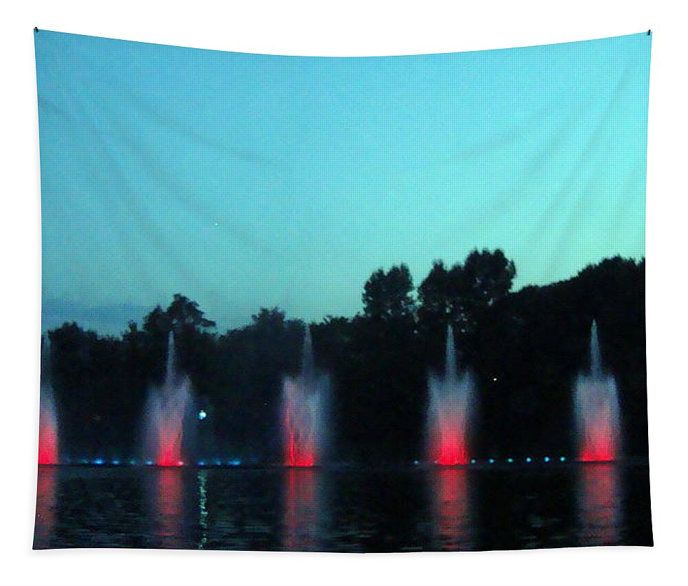 Singing Tapestry featuring the photograph Singing fountains at night by Oleg Prokopenko