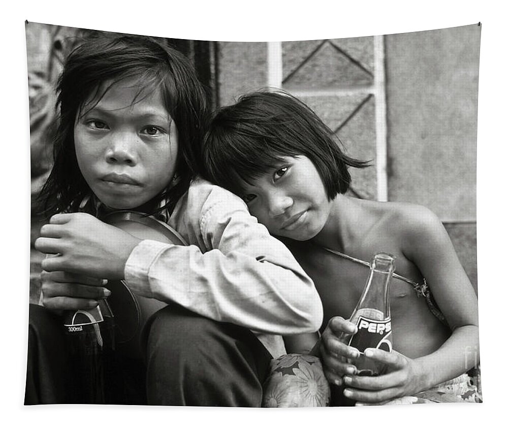 Black And White Tapestry featuring the photograph Sisters from Cambodia in Saigon by Silva Wischeropp