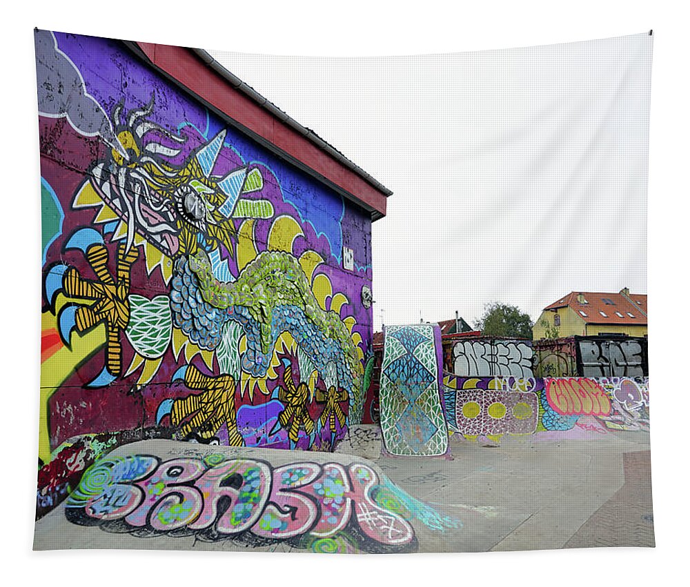 Skateboard Park And Street Art In Freetown Christiania In Copenhagen  Denmark Tapestry for Sale by Rick Rosenshein
