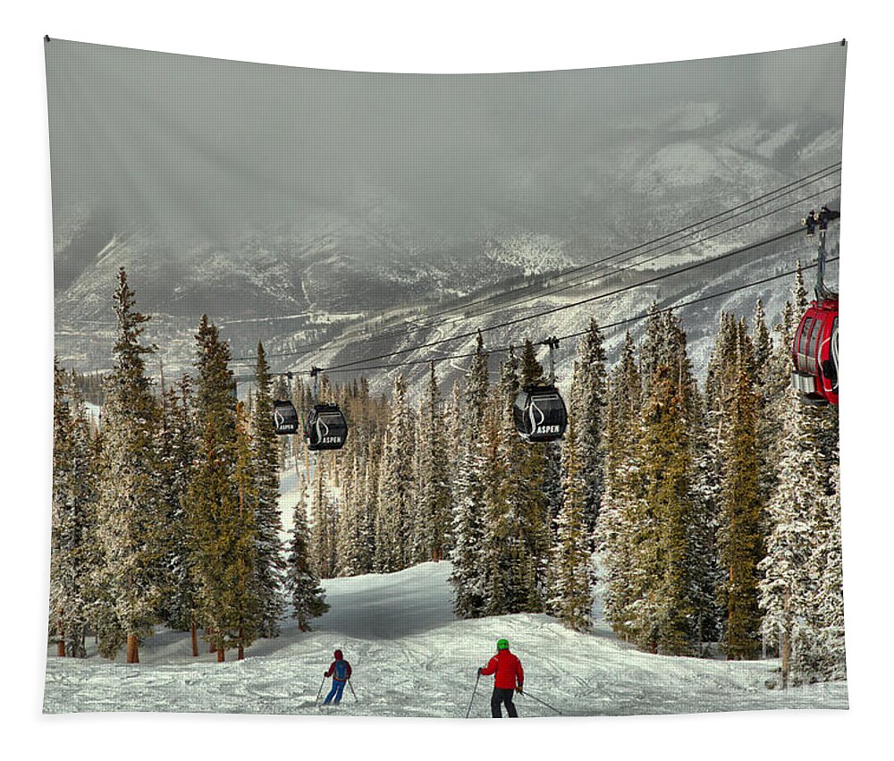 Aspen Gondola Tapestry featuring the photograph Skiers Under The Aspen Gondola by Adam Jewell