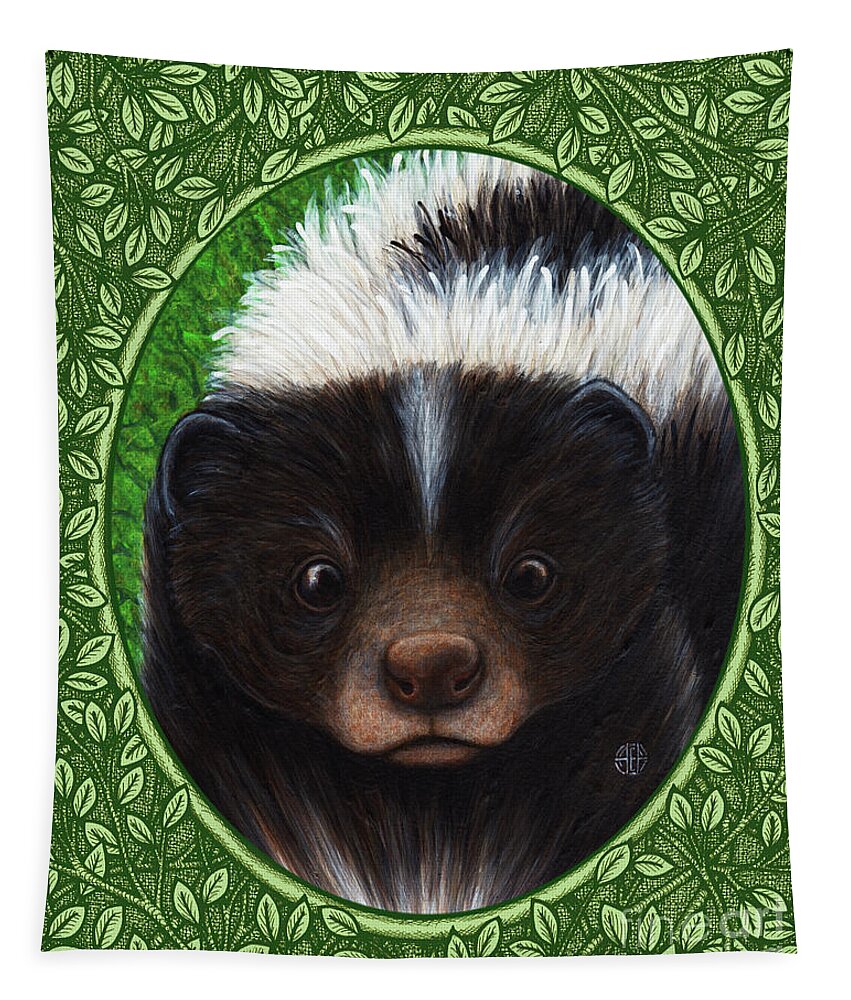 Animal Portrait Tapestry featuring the painting Skunk Portrait - Green Border by Amy E Fraser