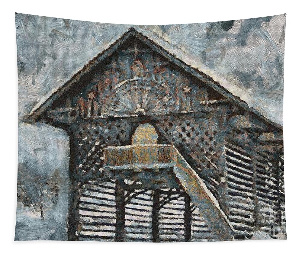 Hayrack Tapestry featuring the painting Slovenian Hayrack in Winter by Dragica Micki Fortuna