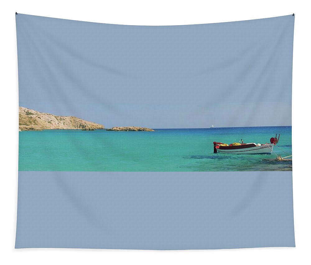 Boat Tapestry featuring the photograph Small Greek Fishing Boat Panorama by Tito Slack