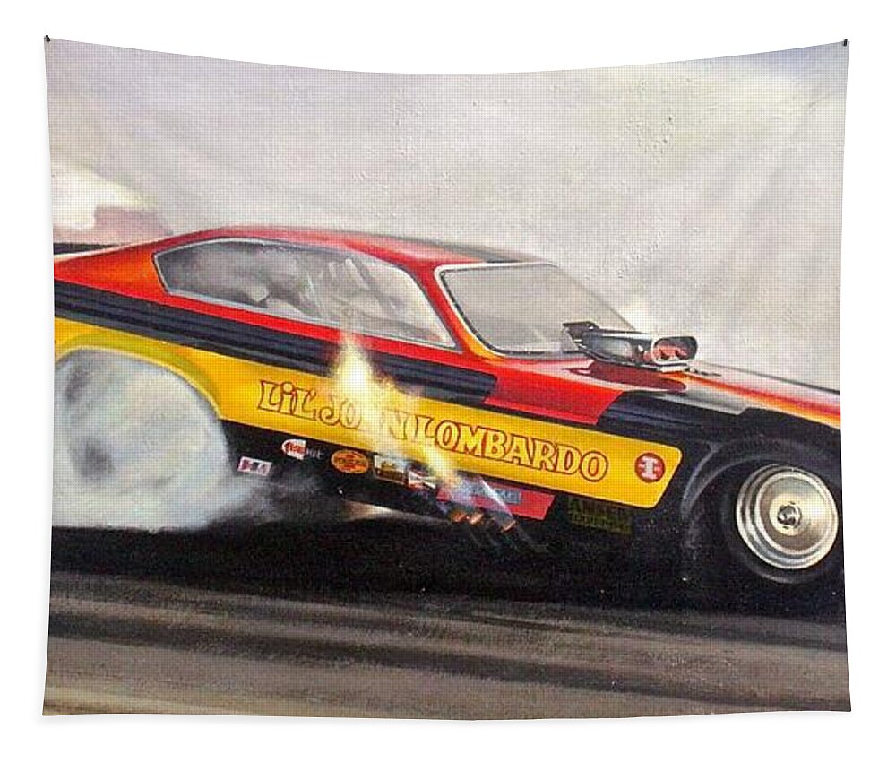 Kenny Youngblood Funny Car Nostalgia Drag Racing John Lombardo Nhra Tapestry featuring the painting Smoked In by Kenny Youngblood