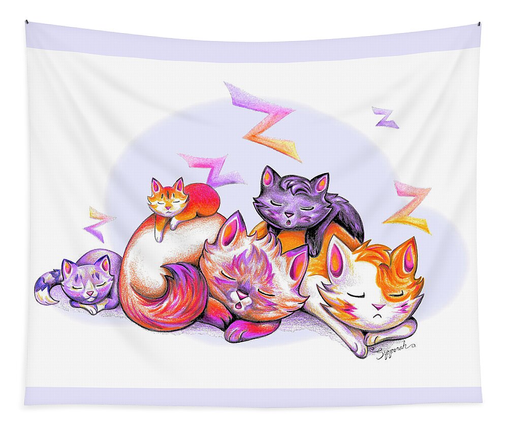 Nature Tapestry featuring the drawing Snoozing Cartoon Kitties by Sipporah Art and Illustration