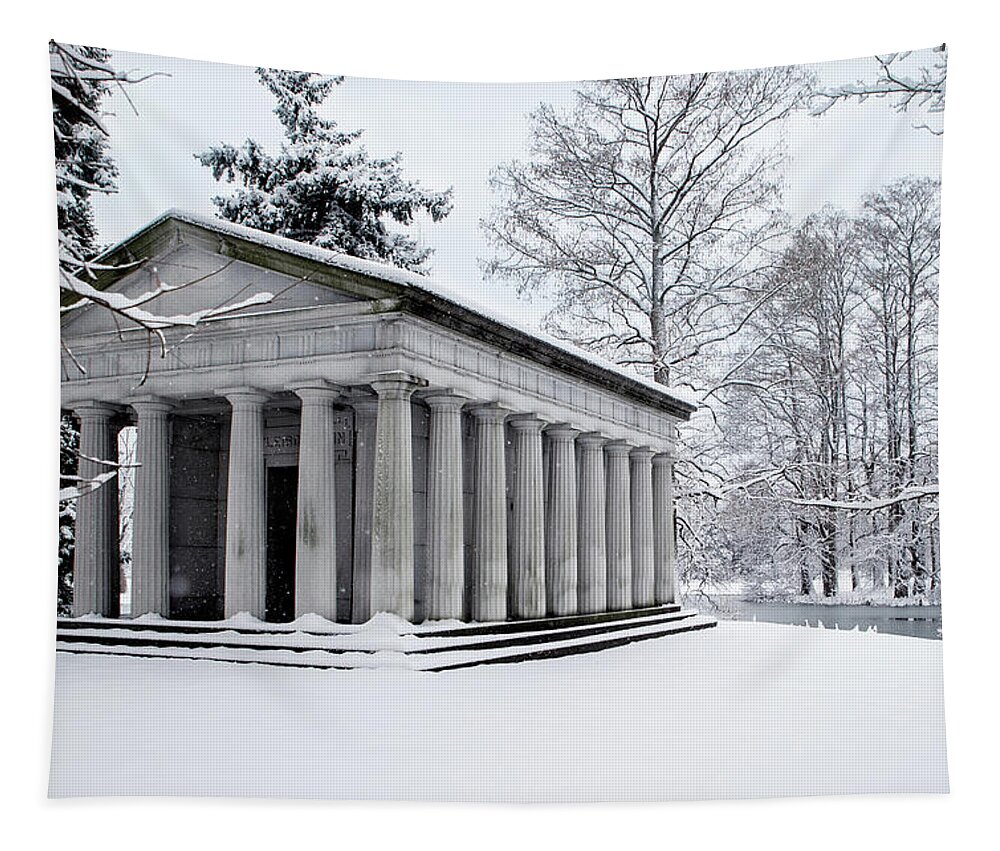 Spring Grove Tapestry featuring the photograph Snow Covered Monument by Ed Taylor