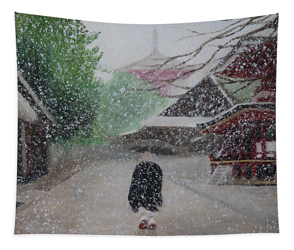 Japan Tapestry featuring the painting Snow in Japan by Masami IIDA