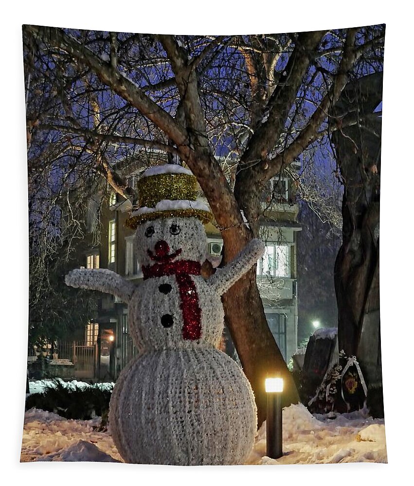 Decoration Tapestry featuring the photograph Snowman in Plovdiv, Bulgaria by Martin Smith