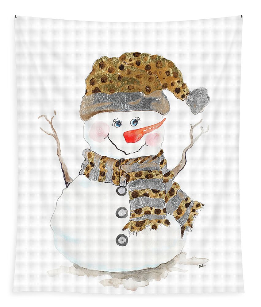 Snowman Tapestry featuring the painting Snowman With Dots by Patricia Pinto