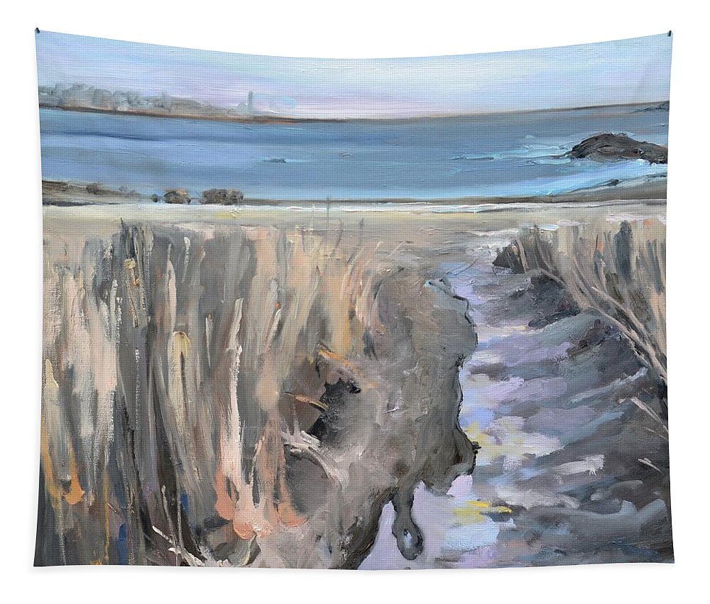 Scituate Tapestry featuring the painting Snowy Beach at Scituate Massachusetts by Donna Tuten