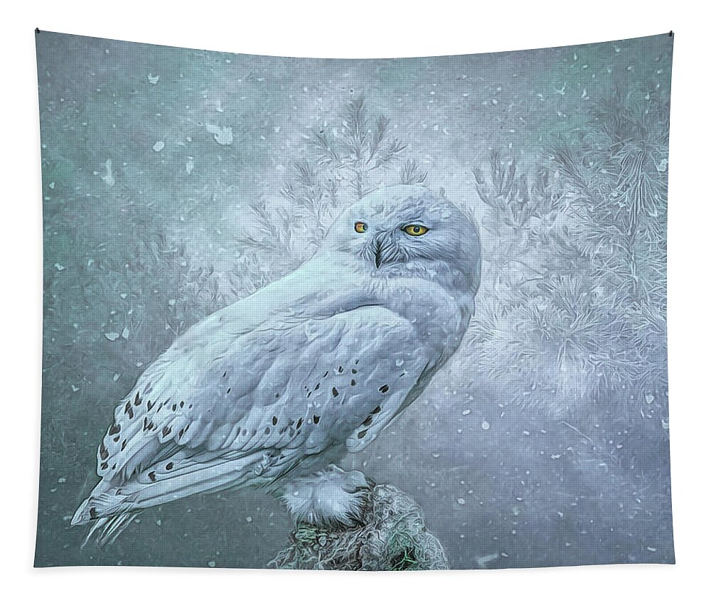 Snowy Owl Tapestry featuring the photograph Snowy Owl in winter by Brian Tarr