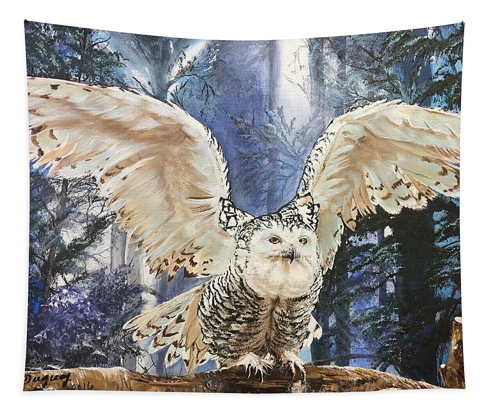 Owl Tapestry featuring the painting Snowy Owl on Takeoff by Sharon Duguay