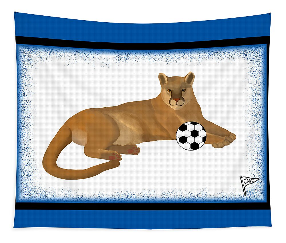 Cougars Tapestry featuring the digital art Soccer Cougar Blue by College Mascot Designs