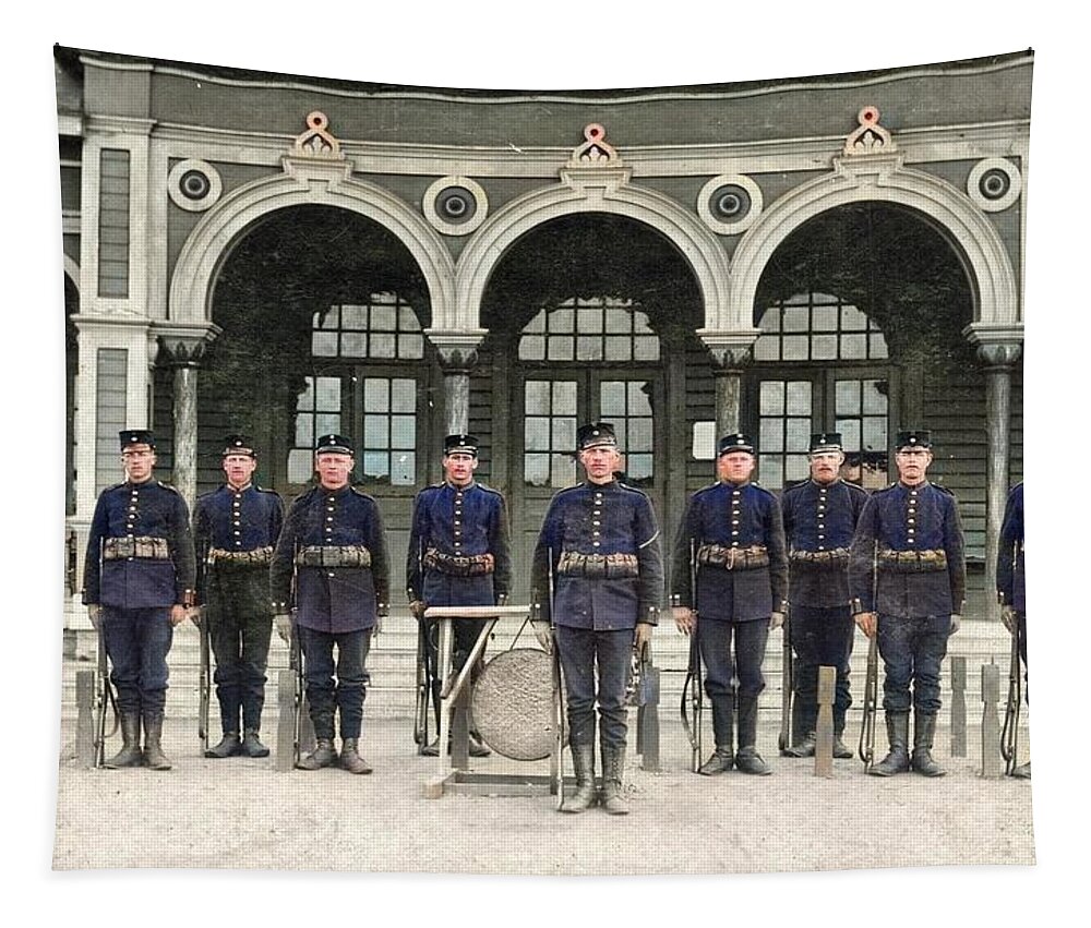 Colorized Tapestry featuring the painting Soldiers from Skaraborgs Regemente by Gustaf Simon Ander 1910 colorized by Ahmet Asar by Celestial Images