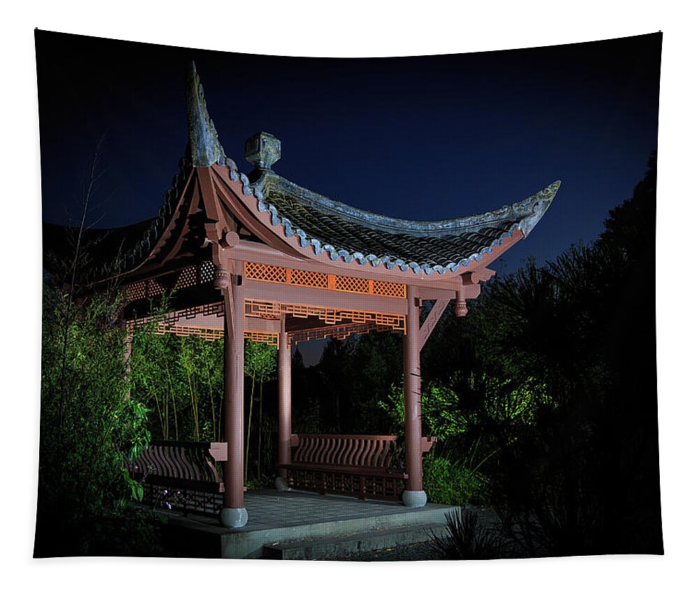 Seattle Chinese Garden Tapestry featuring the photograph Song Mei Ting at Twilight by Briand Sanderson