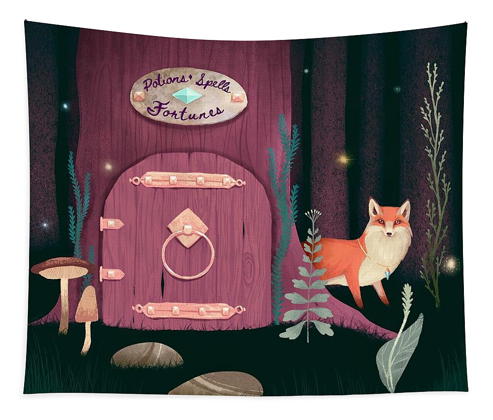 Painting Tapestry featuring the painting Sorcerer Of Woodland Charms Potions Spells And Fortunes by Little Bunny Sunshine