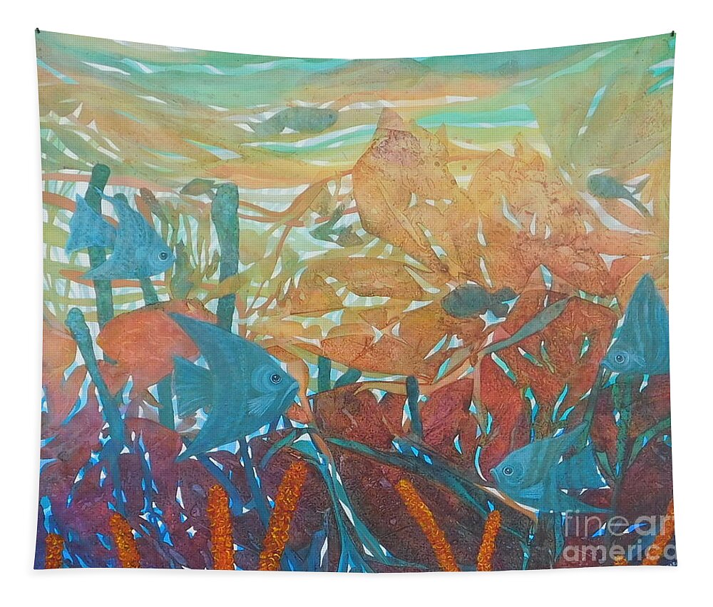 This Is One Of My Favorites! The Silent Underwater Seascape Vibrates With Bright Aqua Tapestry featuring the painting Sounds of Silence by Joan Clear