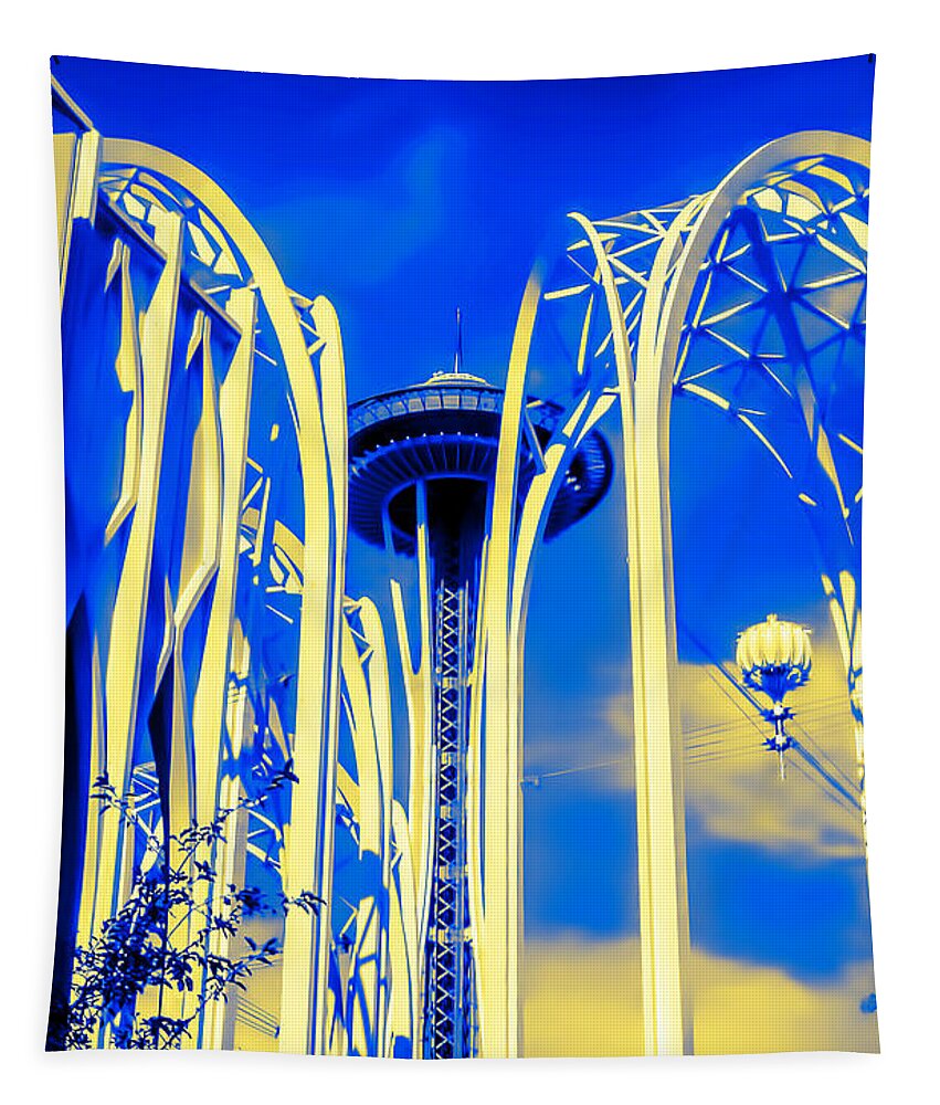 Space Needle Tapestry featuring the photograph Space Needle Blue and Yellow by Cathy Anderson