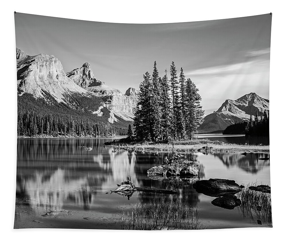 Jasper Tapestry featuring the photograph Spirit Island Maligne Lake Jasper National Park Alberta Canada Black and White by Toby McGuire