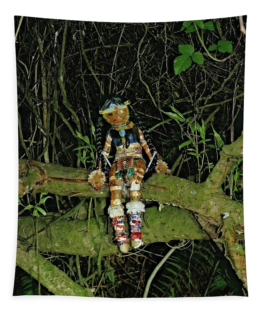 Doll Tapestry featuring the photograph Spooky doll in forest by Martin Smith
