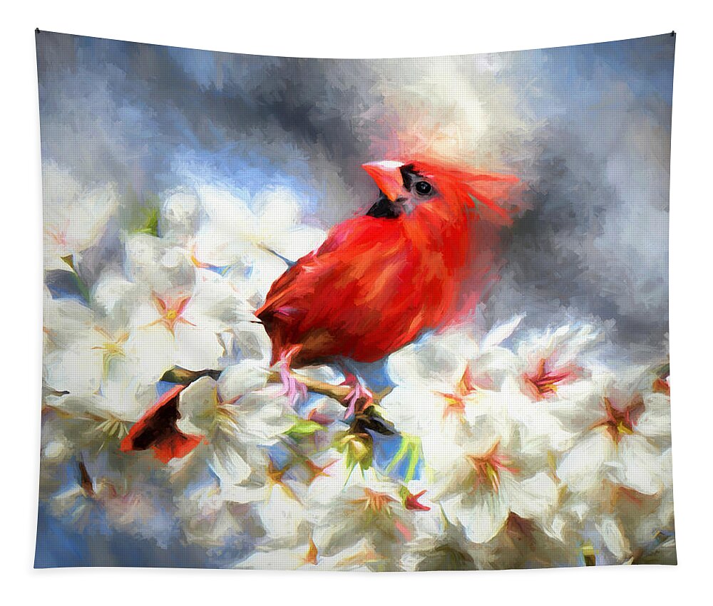 Cardinal Tapestry featuring the painting Spring Cardinal by Tina LeCour