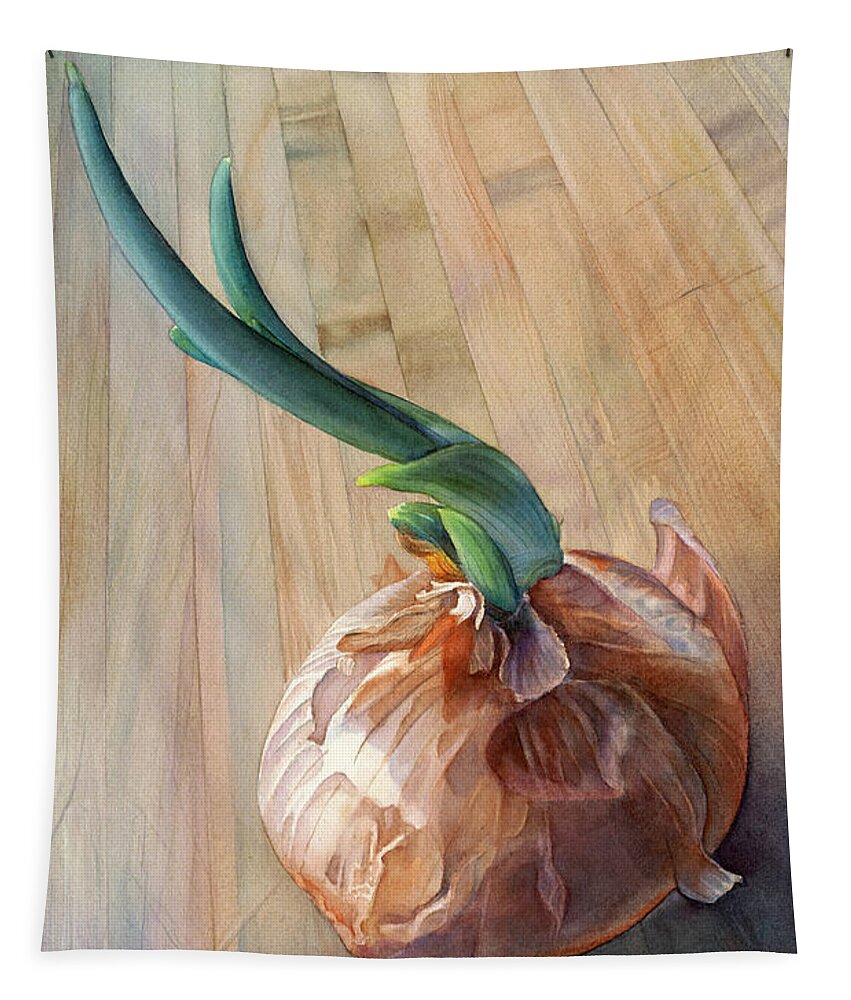 Onion Tapestry featuring the painting Sprouting Onion by Sandy Haight