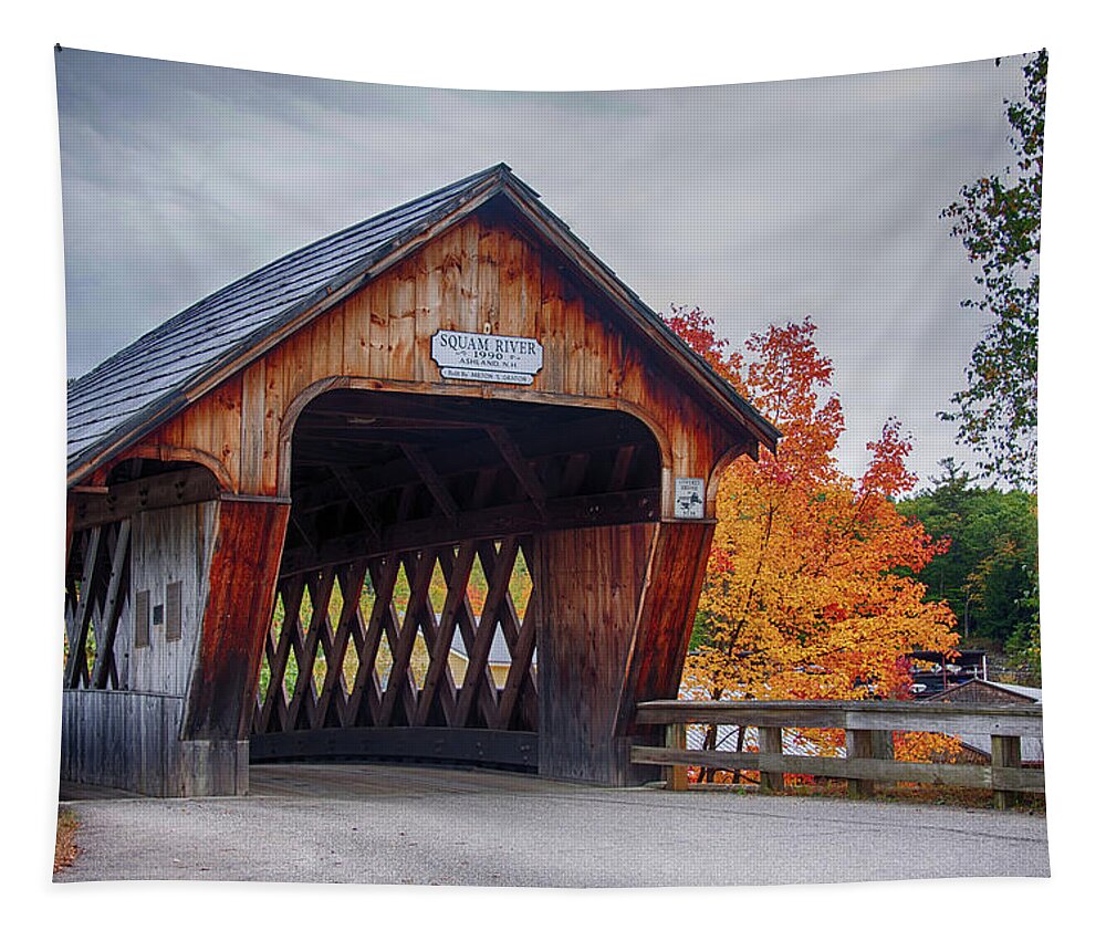 Ashland New Hampshire Tapestry featuring the photograph Squam River Covered Bridge in October by Jeff Folger