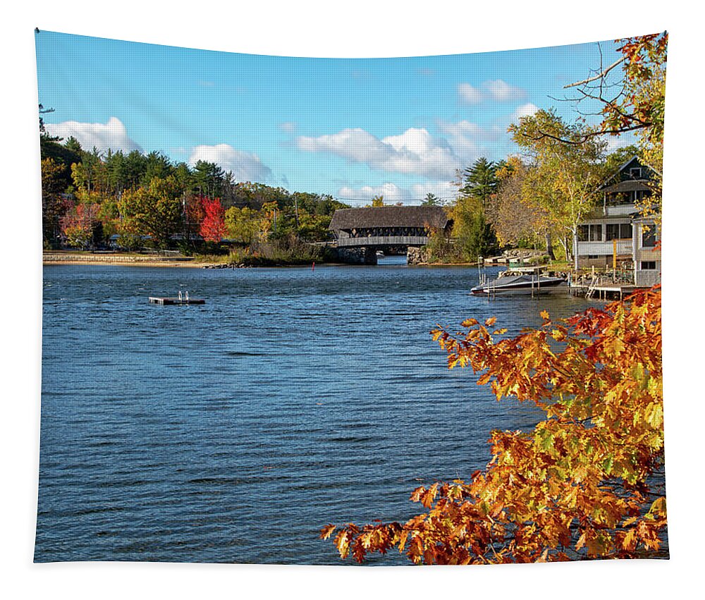 Ashland New Hampshire Tapestry featuring the photograph Squam River Covered Bridge by Jeff Folger