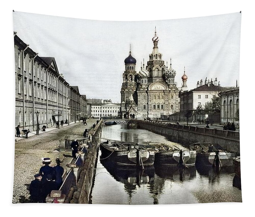 Colorized Tapestry featuring the painting St. Petersburg. Catherine Canal. Perspective from Nevsky Prospect to the Cathedral of the Resurrecti by Celestial Images