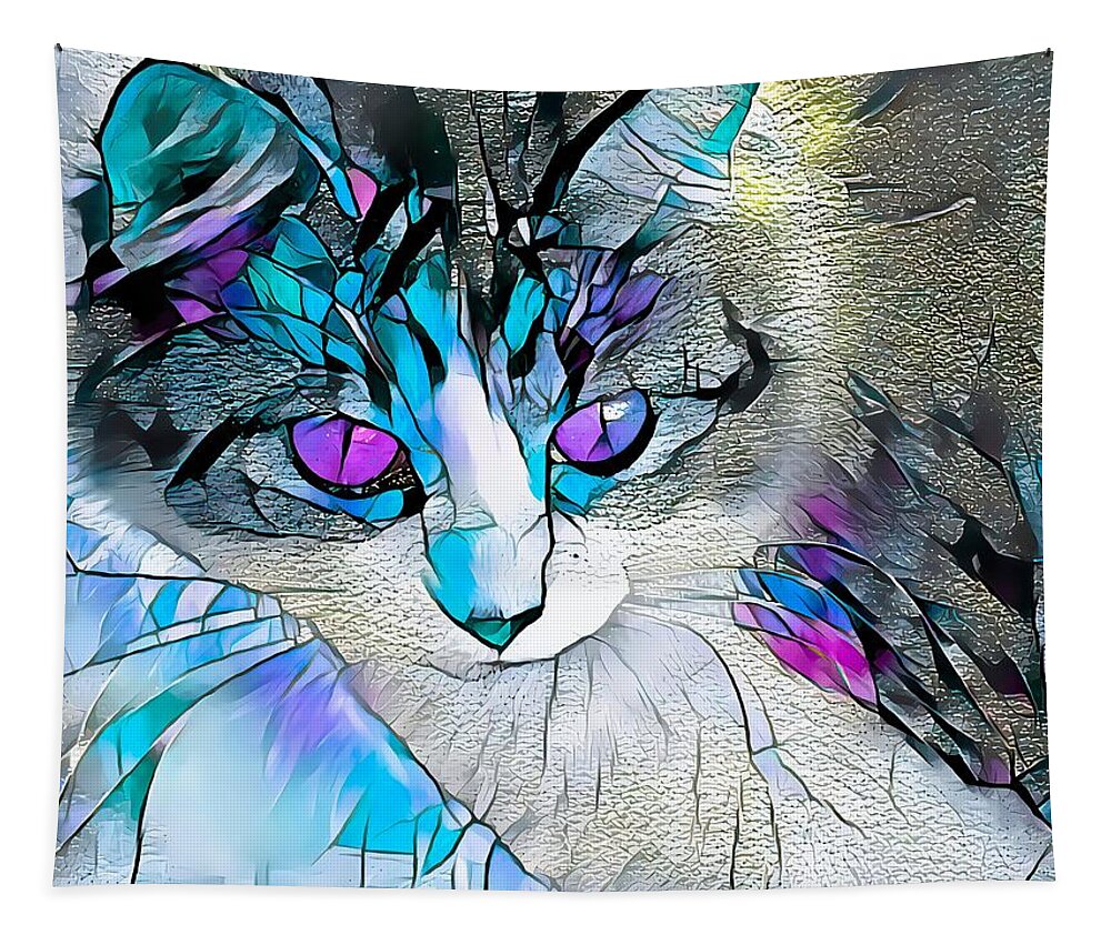 Glass Tapestry featuring the digital art Stained Glass Cat Stare Purple Eyes by Don Northup