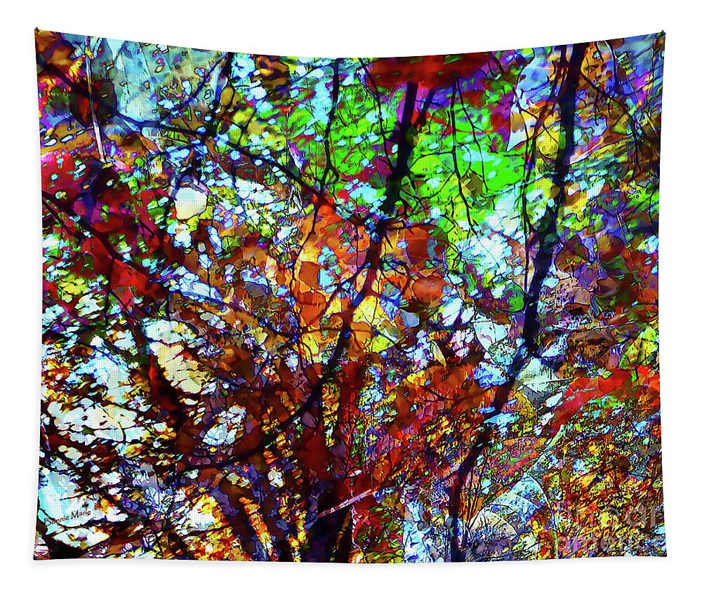 Y Tapestry featuring the painting Stained Glass Faces in the Foliage by Bonnie Marie