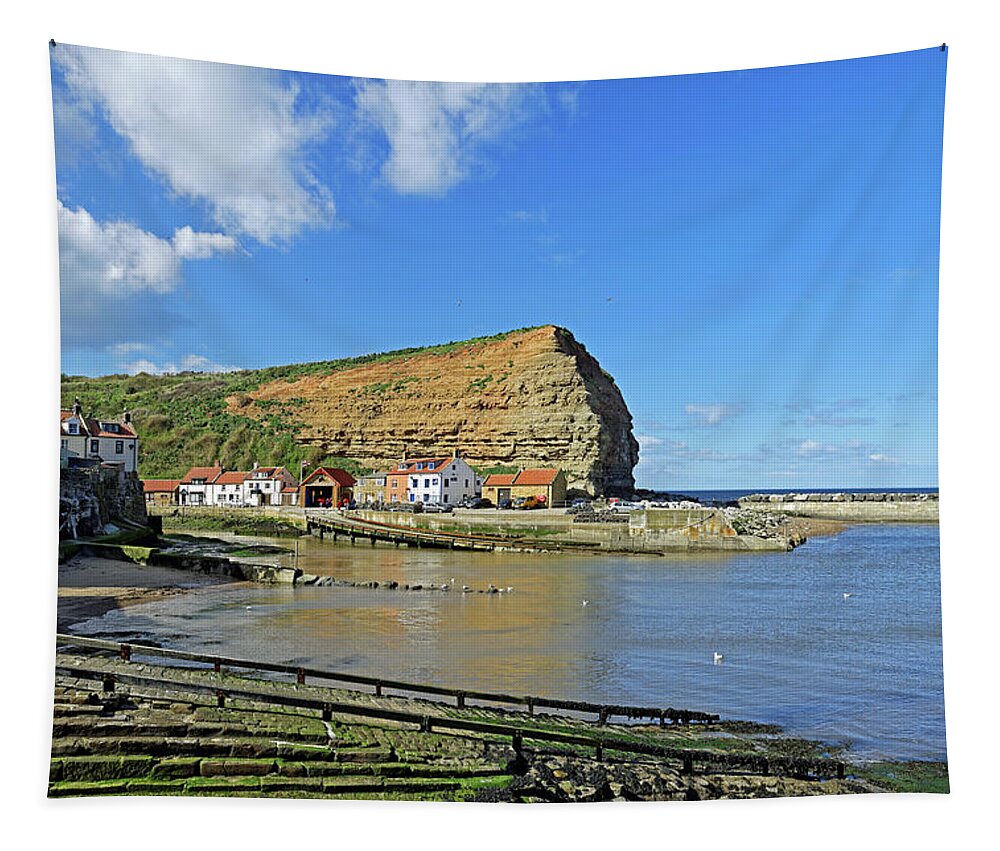 Britain Tapestry featuring the photograph Staithes Harbour and Cowbar Nab by Rod Johnson