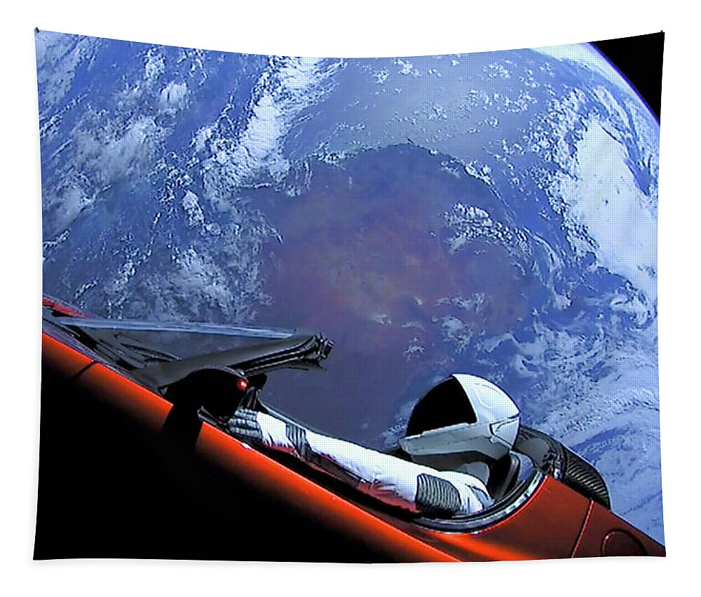 Starman Tapestry featuring the photograph Starman, Tesla and Earth Outer Space Image by Bill Swartwout