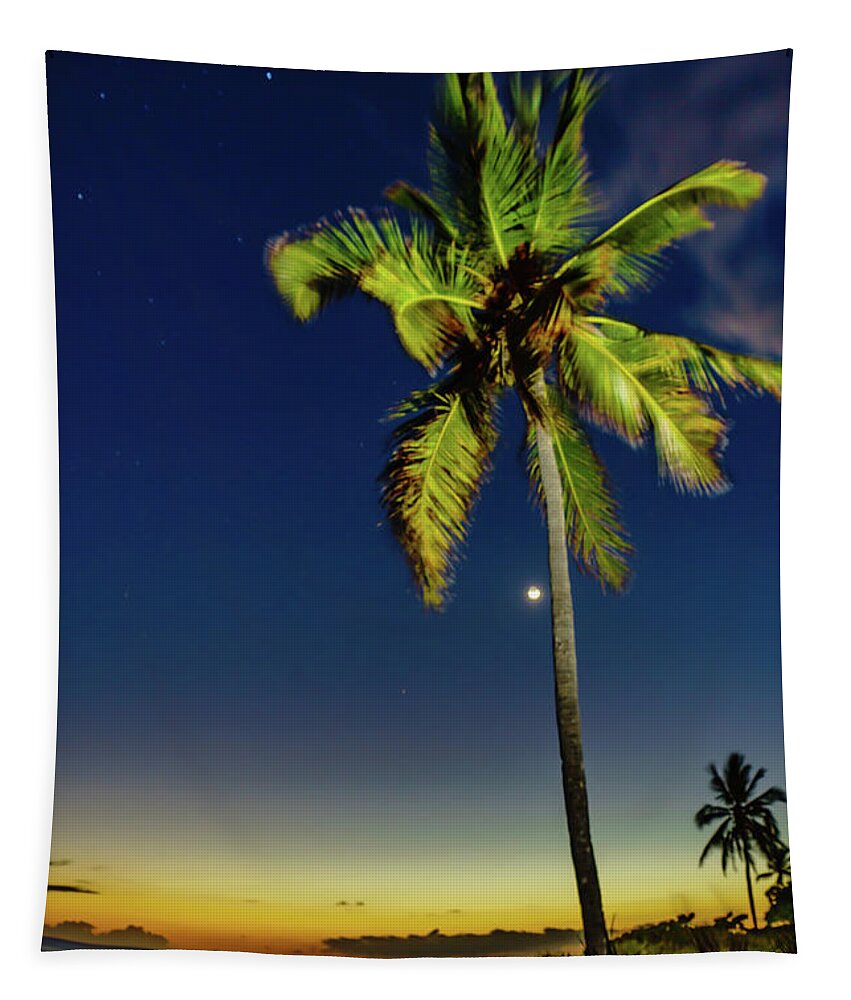 Hawaii Tapestry featuring the photograph Stars - Palms - Moon -Sea by John Bauer